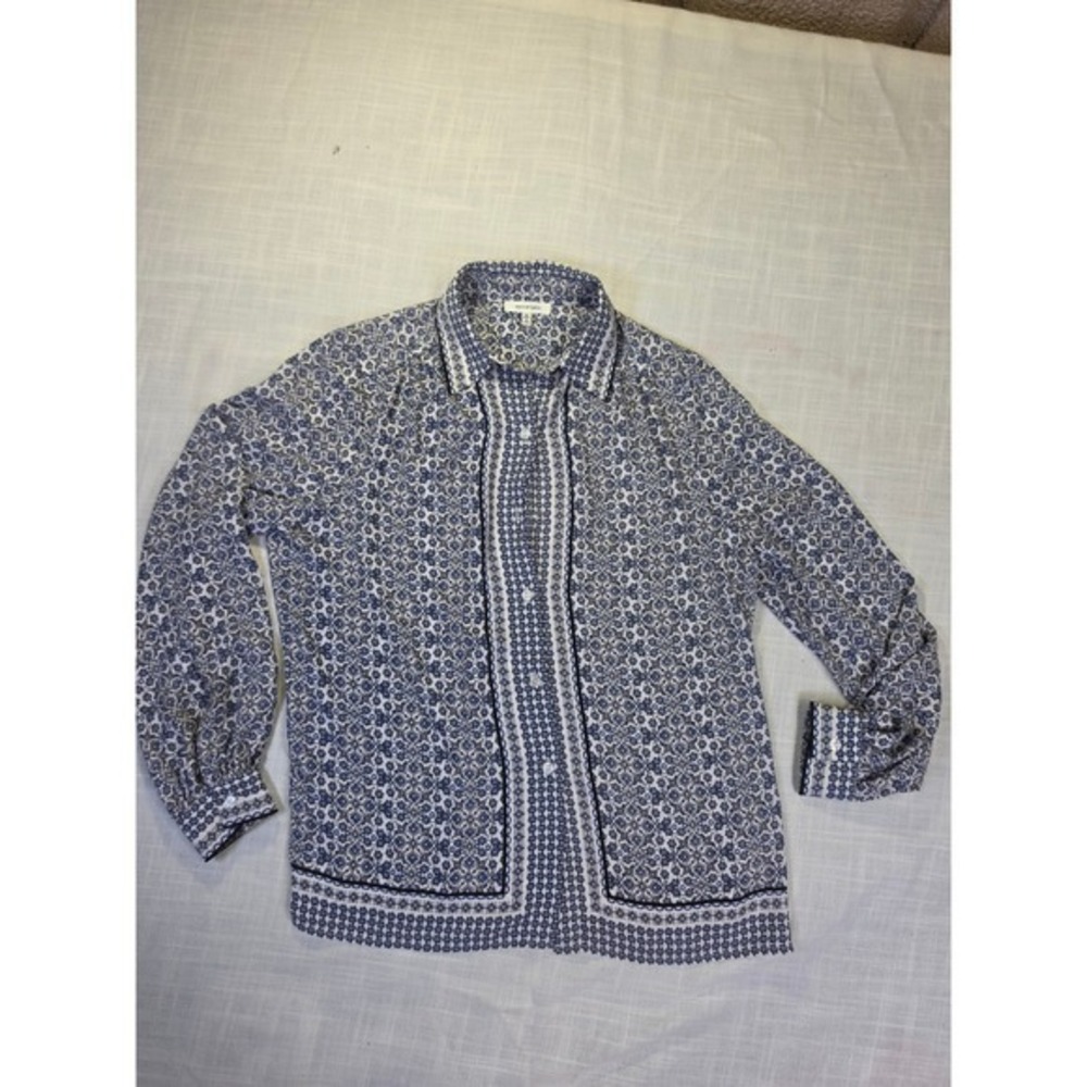 Max Studio Womens Blue White Floral Tile Print Button Up Blouse Top Size M